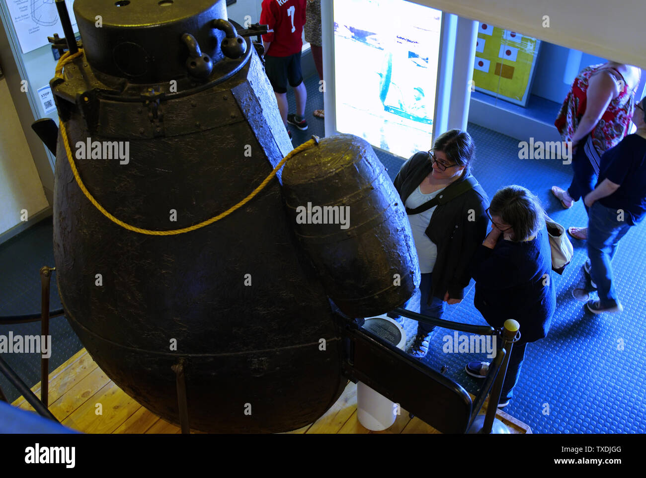 Submarine Force Museum, Groton CT USA, Jun 2019. Inventor David Bushnell`s Turtle marked the beginning of today`s submarine, being viewed by visitors. Stock Photo